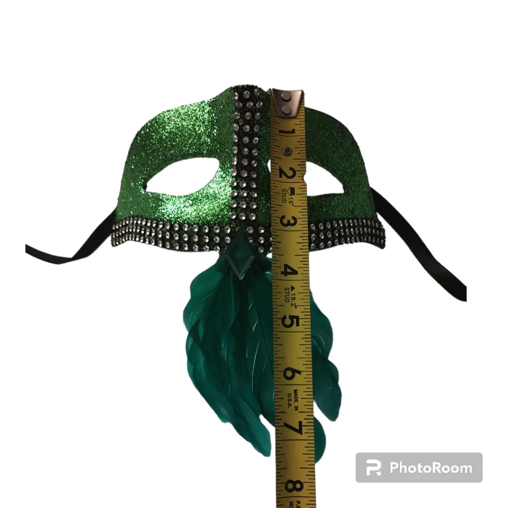 Emerald Green Masquerade Mask Rhinestone and Feather Peacock Style Venetian Gala